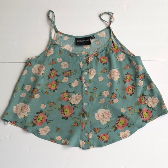 MinkPink Green Mint Spaghetti Straps Floral Button Down Camisole Top Blo… - Picture 1 of 6